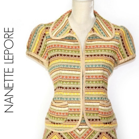 ANTHROPOLOGIE Nanette Lepore Short Sleeve Boho Tweed Multicolor Blazer Size 8 - Picture 1 of 5